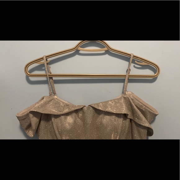 Champagne Off-shoulder Glitter Dress. - Picture 2 of 4